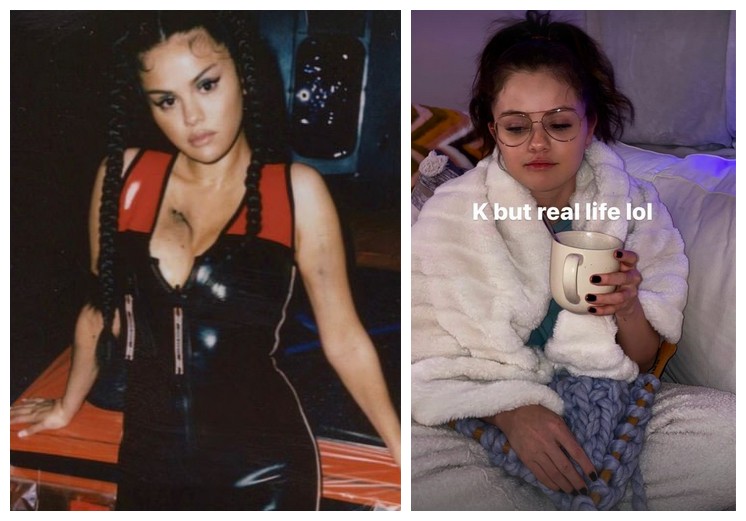 As fotos contrapostas pela cantora Selena Gomez em seu Instagram: vida pública X vida real (Foto: Instagram)