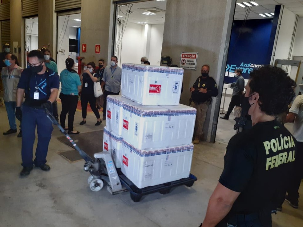 Doses da Coronavac chegam ao Rio Grande do Norte para início de vacinação contra Covid-19.  — Foto: Sérgio Henrique Santos/Inter TV Cabugi
