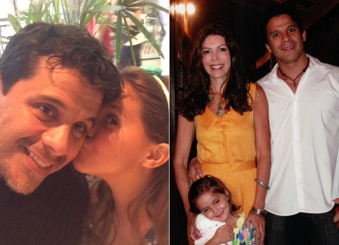 À esquerda, Valentina dá um beijo no padrasto, João Marcelo, e à direita, a família posa unida (Foto: Arquivo pessoal)