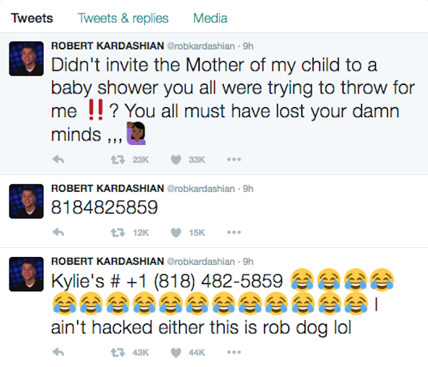 As publicações de Rob Kardashian com o telefone de Kylie Jenner (Foto: Twitter)