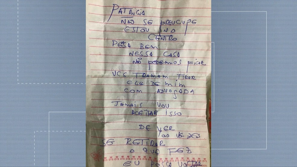 Bilhete deixado pelo pai ao levar a criança sem autorização — Foto: Reprodução/ TV Gazeta