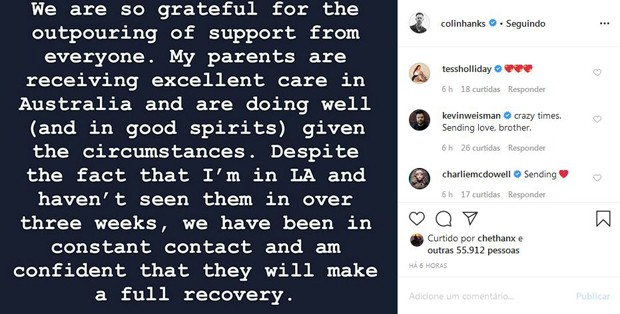 Filhos de Tom Hanks se pronunciam após anúncio de que o ator testou positivo para o Coronavírus (Foto: Reprodução / Instagram)