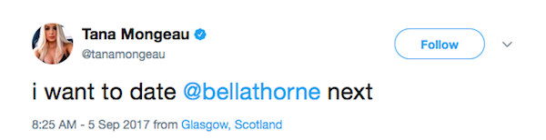 A mensagem da youtuber Tana Mongeau dizendo que gostaria de namorar Bella Thorne (Foto: Twitter)
