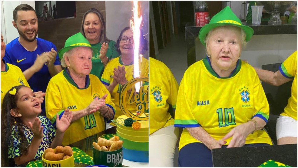 Idosa comemora 95 anos em Brejo Santo em ritmo de copa, no Ceará — Foto: Arquivo pessoal