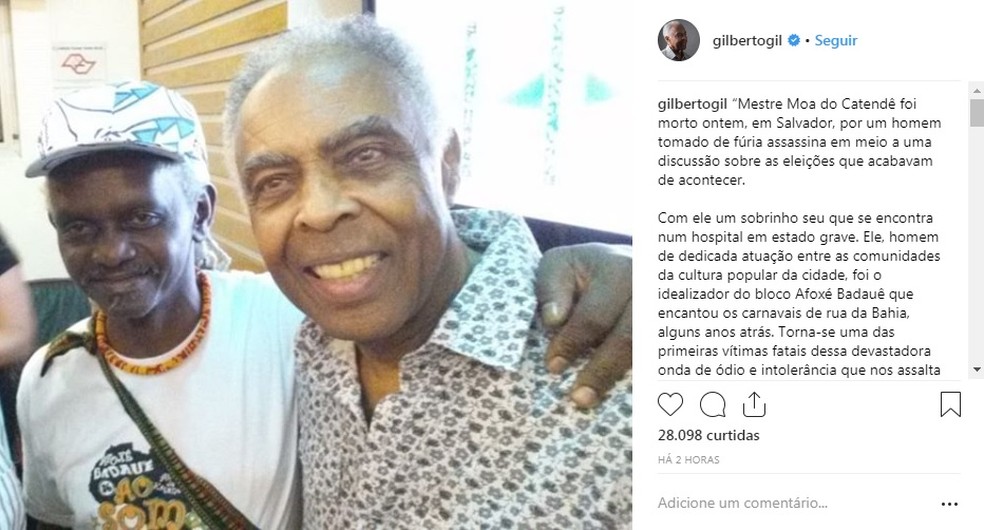 Gil fez postagem em tributo a Moa na manhã desta terça — Foto: Reprodução/Instagram