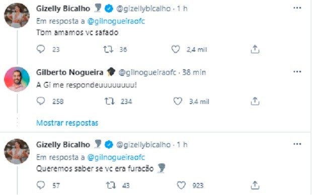 Gil interage com Gizelly Bicalho (Foto: Reprodução/Twitter)