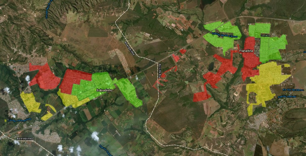 Mapa de planejamento operacional  da Caesb mostra regiões do plano de interrupções em Sobradinho e Planaltina — Foto: Reprodução/Caesb 