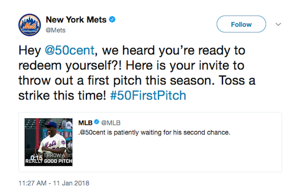 A piada feita no Twitter do New York Mets com o lançamento de 50 Cent (Foto: Twitter)