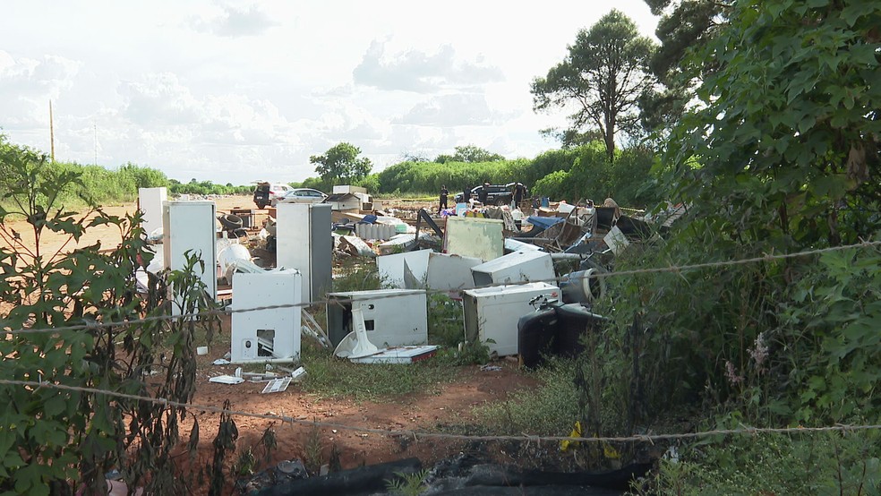 Local de descarte de lixo onde corpo esquartejado foi encontrado, neste sábado (4), no Itapoã — Foto: TV Globo/Reprodução