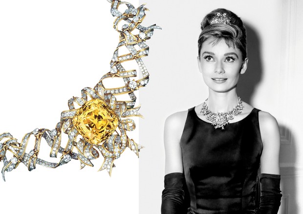 Colar assinado por Jean Schlumberger usado por Audrey Hepburn para as fotos promocionais do filme Bonequinha de Luxo, que carregava em seu centro o Diamante Tiffany, de 128,54 quilates. (Foto: Divulgação)