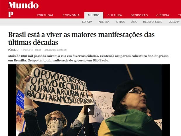 Jornal português fala sobre erupção brasileira (Foto: Reprodução/ público.pt)