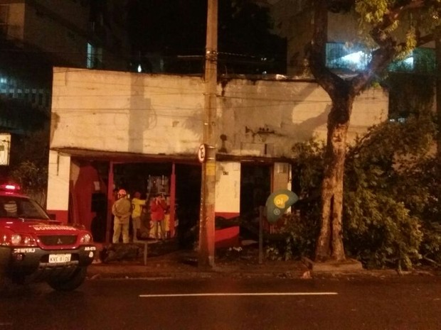 Queda de árvore na Rua São Francisco Xavier corta cabo de energia e bar. Bombeiros isolam o local (Foto: Nicolás Satriano/G1)