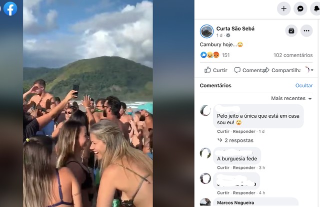 Moradores se revoltam com festa e aglomeração na praia de Camburí, em São Sebastião (Foto: Reprodução/Facebook)