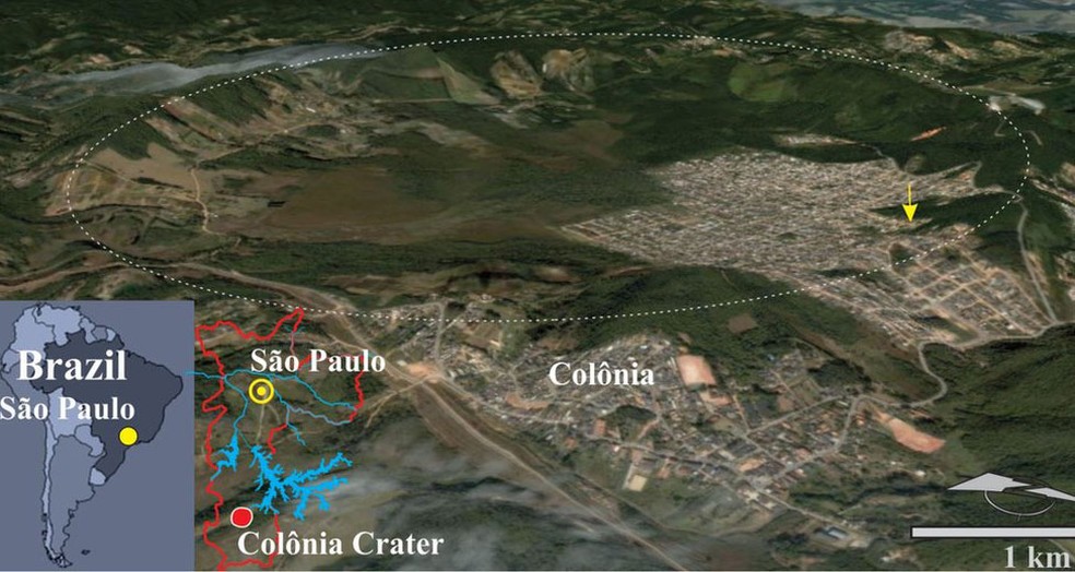 Indicada pela linha pontilhada, cratera de Parelheiros tem 3,6 quilômetros de diâmetro e cerca de 300 metros de profundidade  (Foto: BBC)