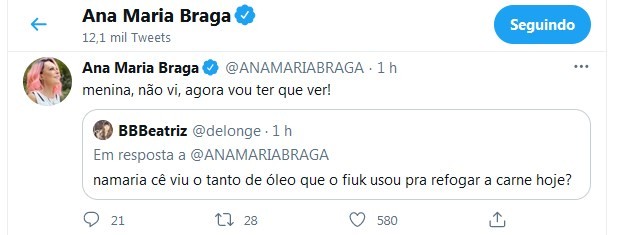 Ana Maria Braga diz que vai assistir ao BBB21 para avaliar Fiuk na cozinha (Foto: Reprodução/Twitter)