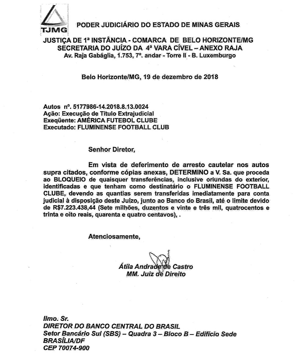 Documento judicial que bloqueia as contas do Fluminense por dívida com o América-MG — Foto: Reprodução