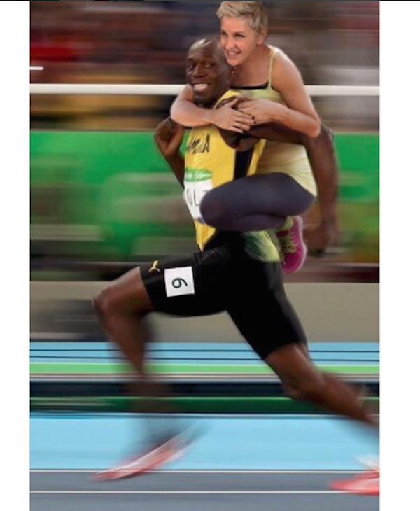 O meme polêmico publicado pela apresentadora Elle DeGeneres com o corredor Usain Bolt (Foto: Instagram)