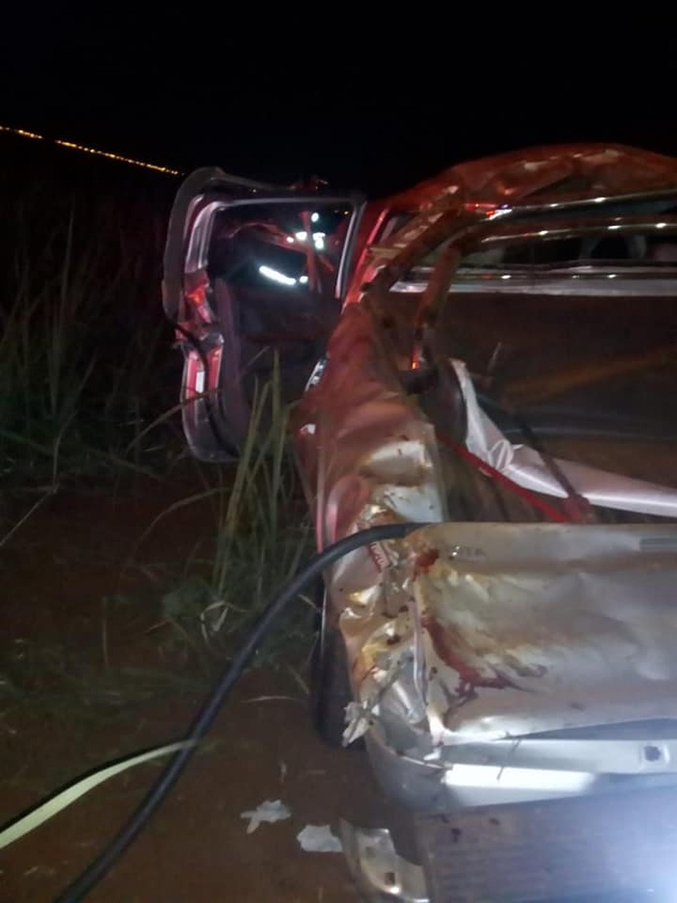 Dos quatro ocupantes que estavam na caminhonete, três morreram no local.  — Foto: Acontece Cidade/Divulgação
