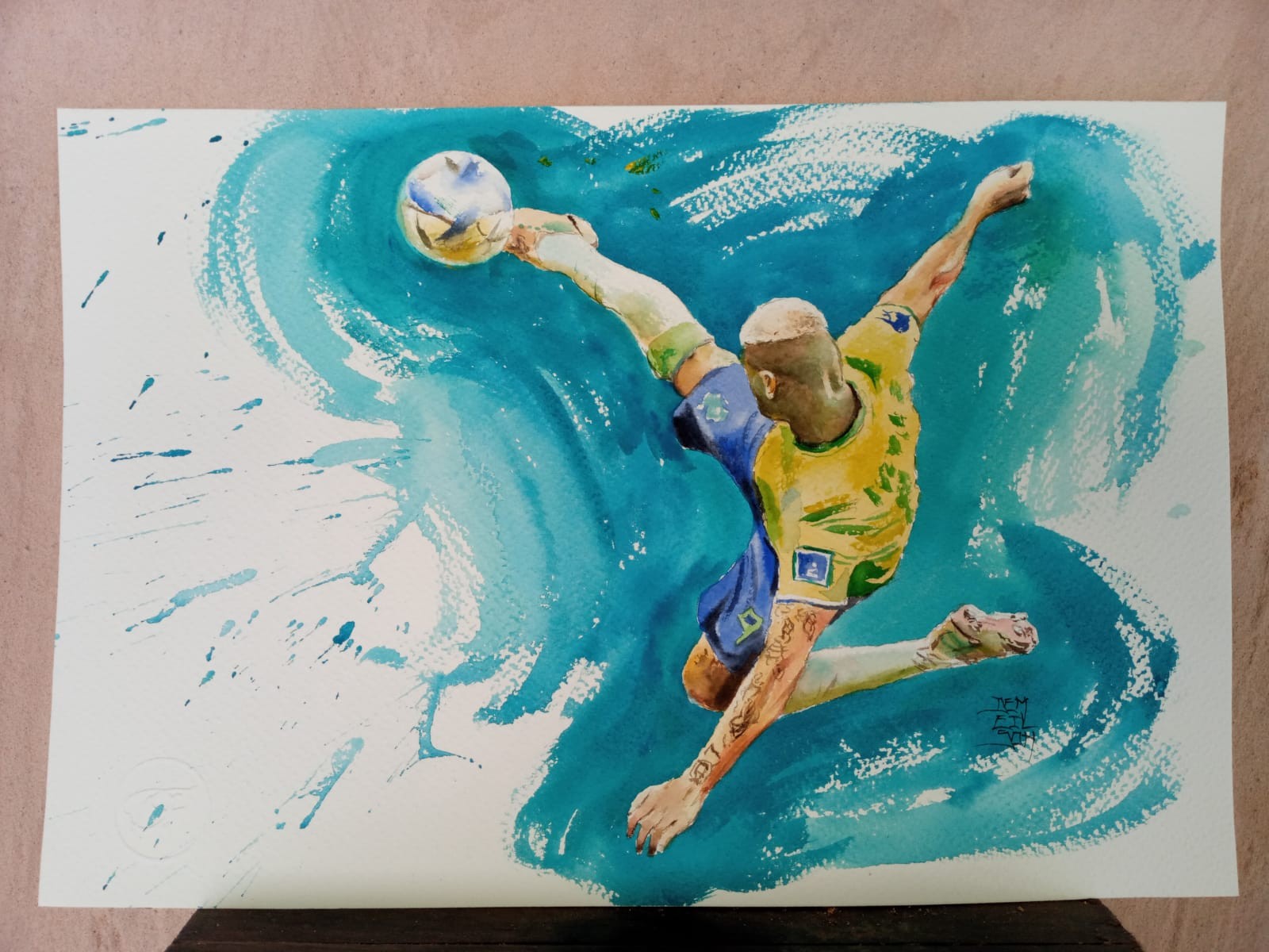 Golaço de Richarlison na Copa vira pintura em aquarela de artista cearense