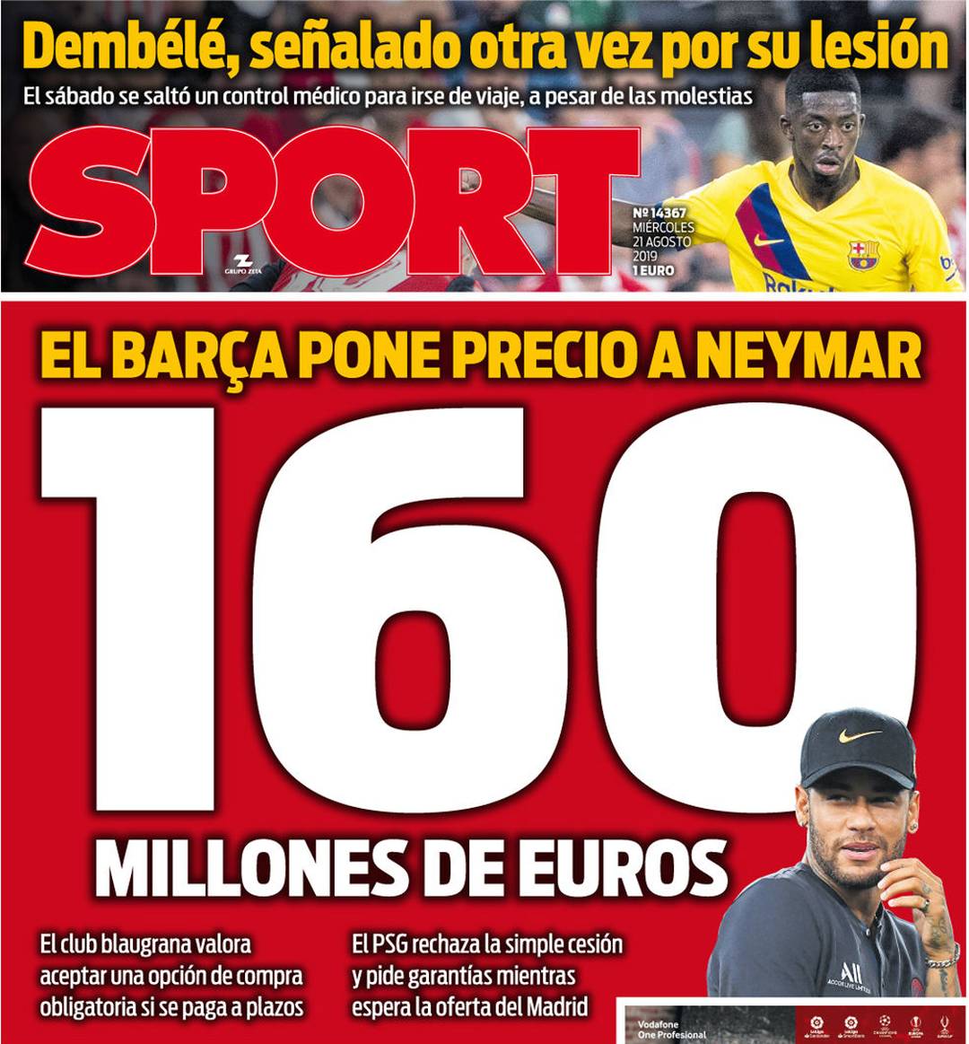 Capa de quarta-feira do jornal "Sport" fala sobre Neymar, Barcelona e PSG