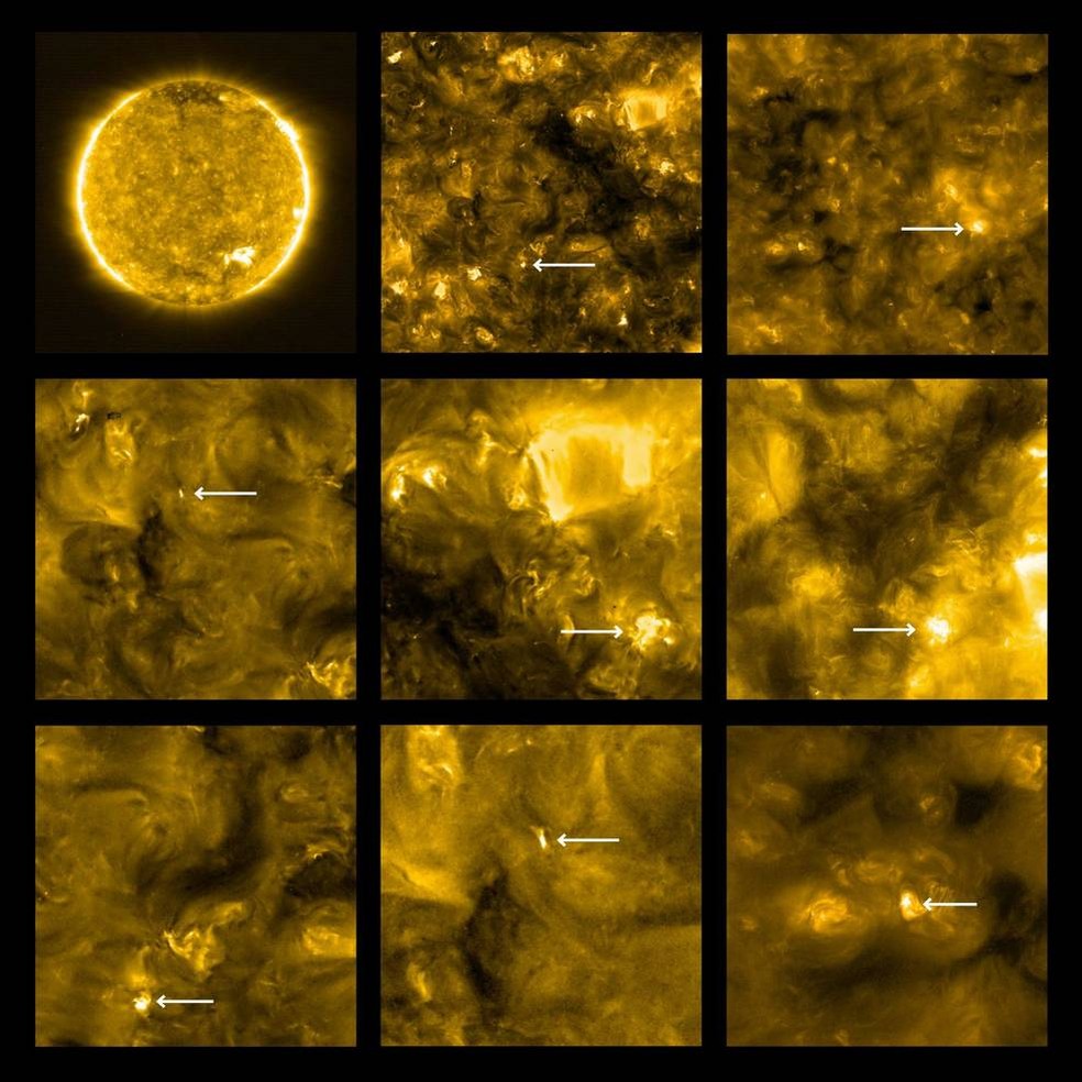 Setas brancas indicam 'fogueiras' solares captadas por sonda Orbiter, da Nasa — Foto: Nasa