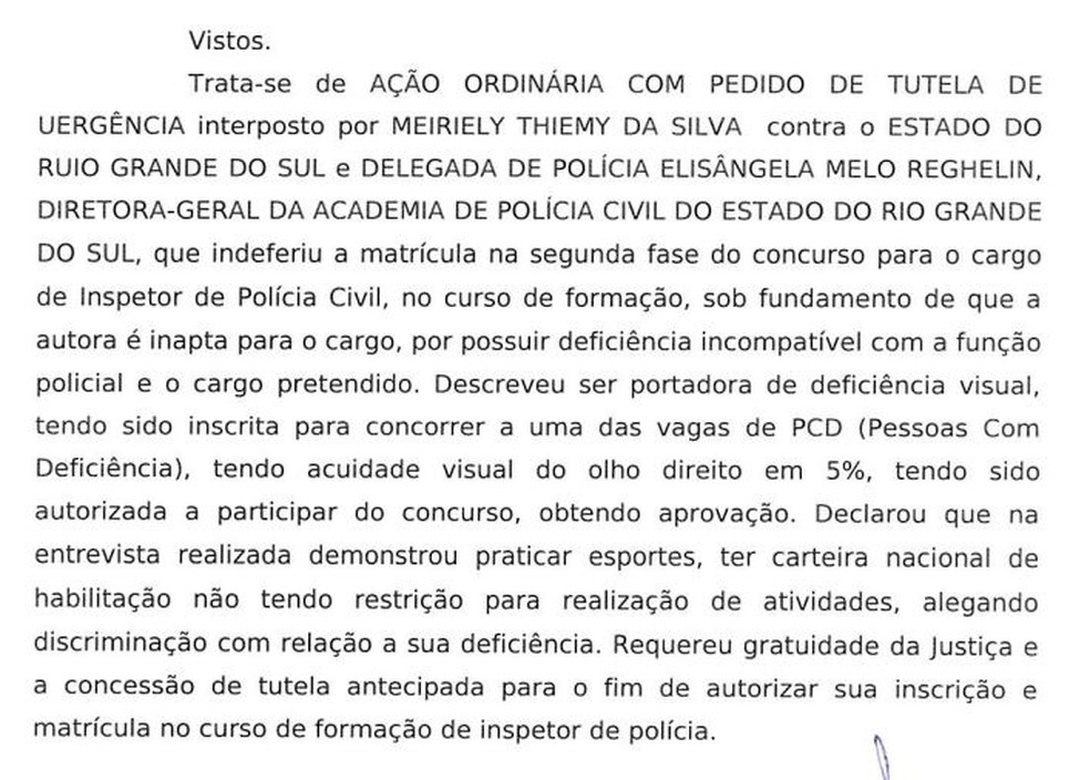 Introdução do despacho do juiz que concedeu liminarmente autorização para que Meiriely cursasse a Acadepol — Foto: Reprodução