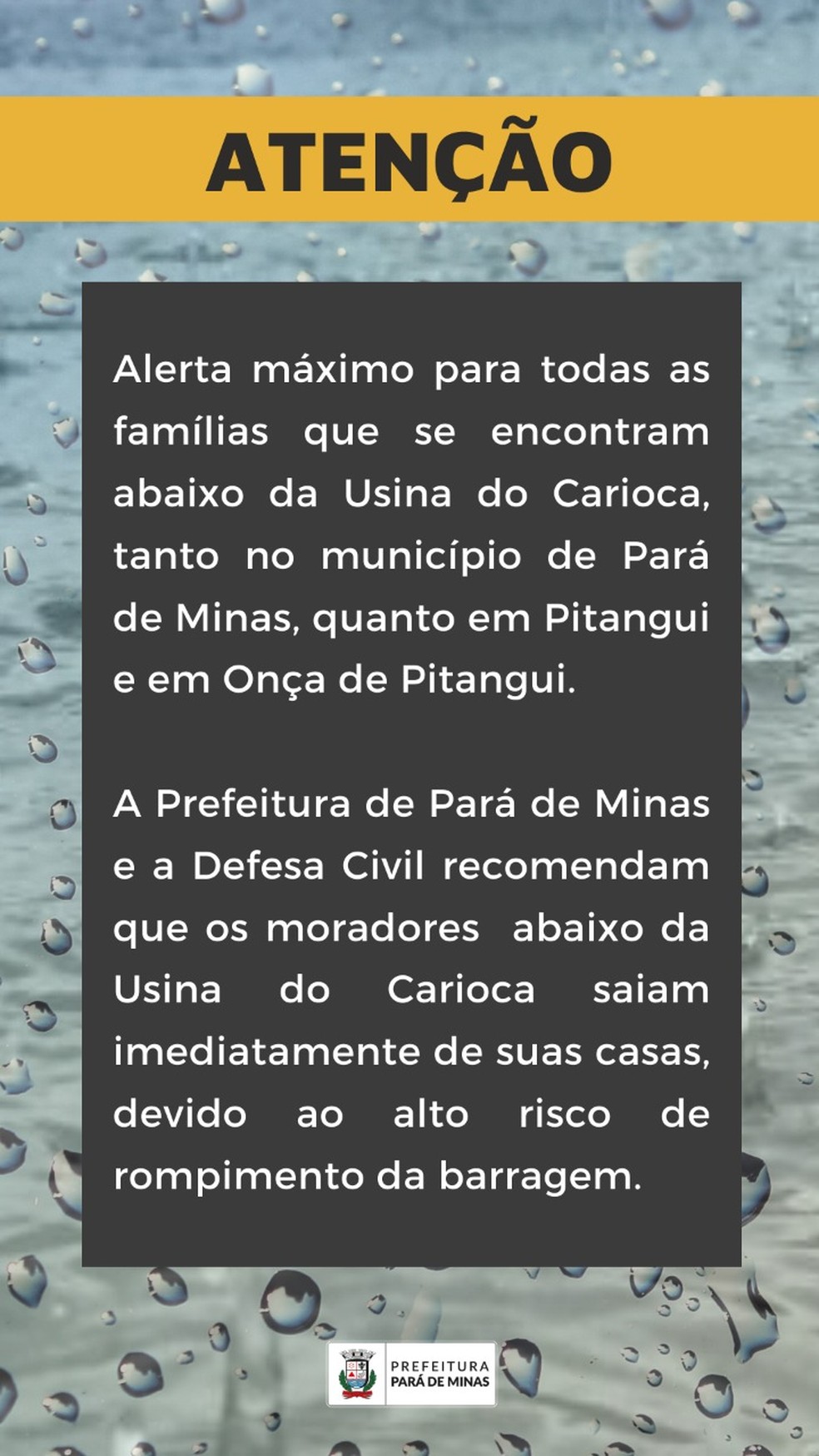 Aviso publicado pela Prefeitura de Pará de Minas — Foto: Prefeitura de Pará de Minas/Divulgação