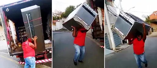 Homem viraliza ao fazer passinho de funk com geladeira nas costas durante mudança