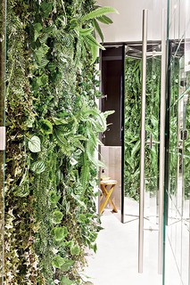 Uma solução fácil e barata deu vida ao corredor que leva ao lavabo: na parede verde, as plantas artificiais estão presas a uma tela de galinheiro. Os espelhos, na parede oposta e na porta, ampliam o efeito