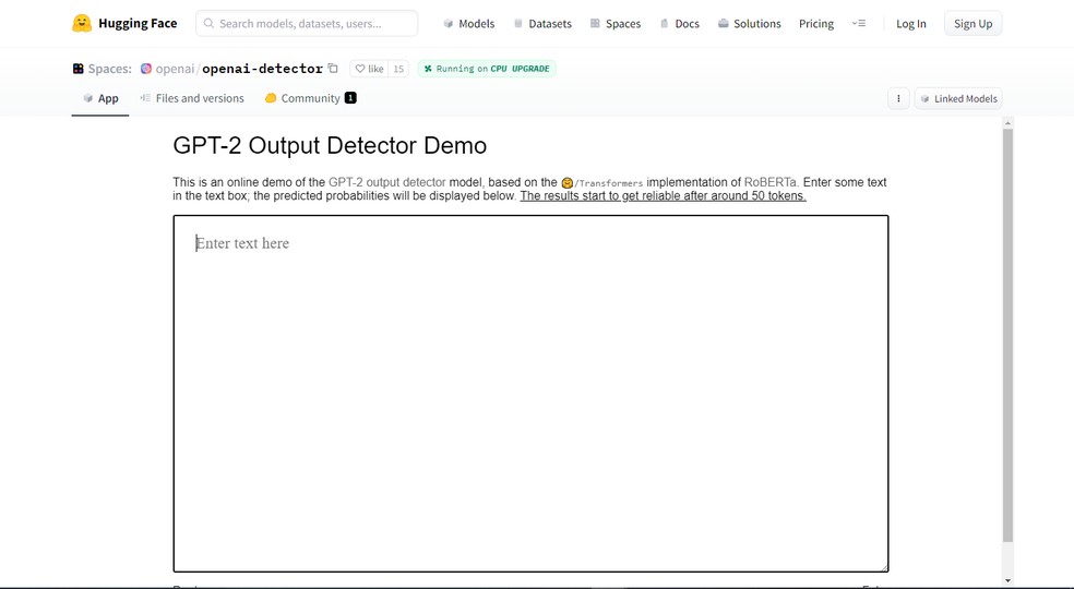 OpenAI Detector é um projeto dos desenvolvedores do ChatGPT para identificar trabalhos feitos pela IA — Foto: Reprodução/Gabriel Pereira