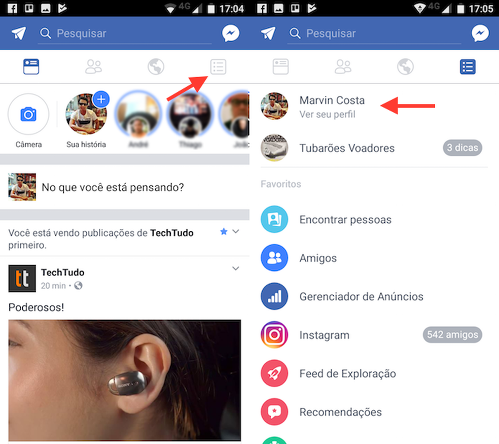 Caminho para acessar o perfil de usuário no Facebook para Android (Foto: Reprodução/Marvin Costa)