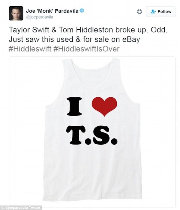 Um meme faz piada com o término do relacionamento de Taylor Swift e Tom Hidleston (Foto: Twitter)
