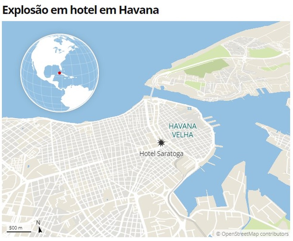 Mapa mostra localização do Hotel Saratoga em Havana — Foto: g1