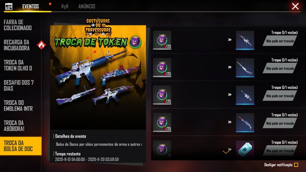 Evento distribui gratuitamente skins da armas e tickets de diamante, incubadora e arma royale — Foto: Reprodução/Leandro Eduardo