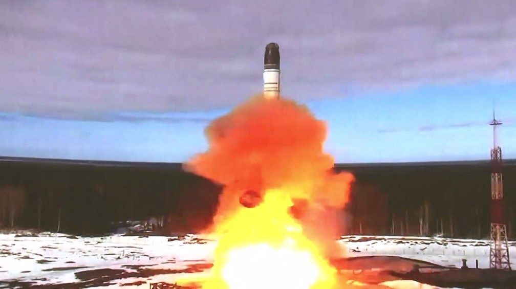 Sarmat, míssil russo testado durante esta quarta-feira — Foto: Ministério da Defesa da Rússia/via AFP