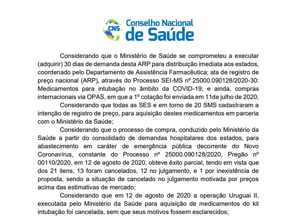 Trecho de recomendação do Ministério da Saúde — Foto: Reprodução