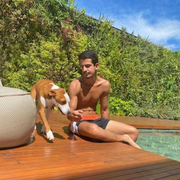 Enzo Celulari com o cachorro de Bruna Marquezine  (Foto: Reprodução/ Instagram)