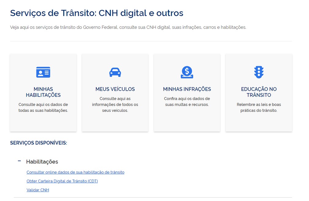 Serviços de trânsito no gov.br — Foto: Reprodução
