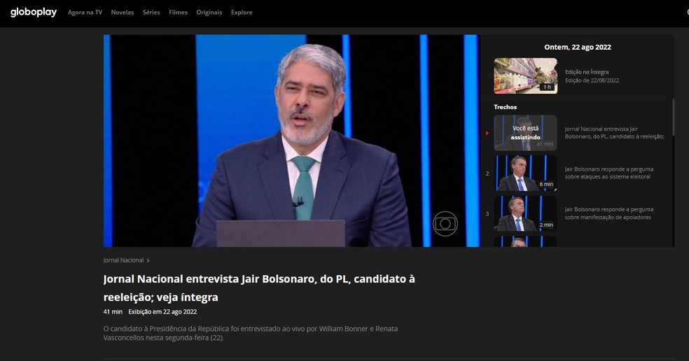 Globoplay permite rever entrevista de Bolsonaro no Jornal Nacional — Foto: Reprodução/Rodrigo Fernandes