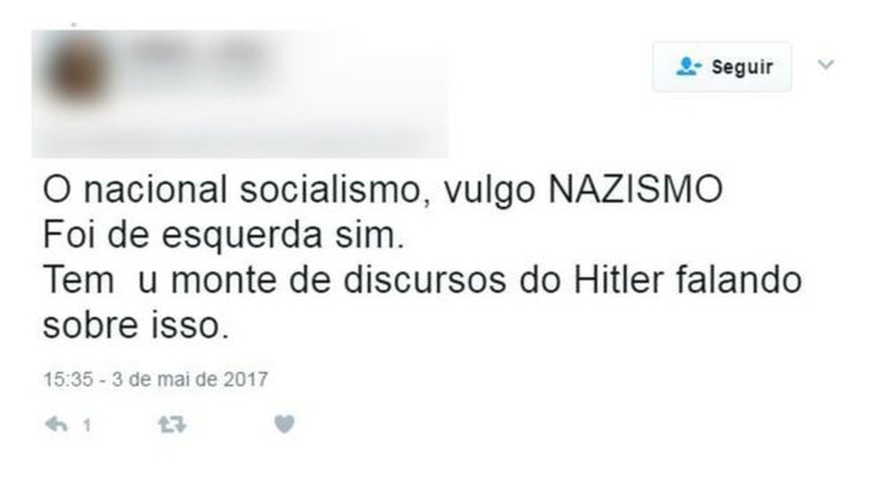 Usuário escreve sobre nazismo no Twitter (Foto: Reprodução/Twitter)