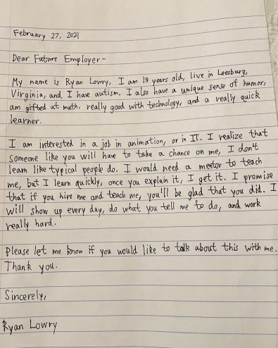 Carta que Ryan escreveu, onde, além de pedir uma chance, também enfatizou suas habilidades (Foto: Reprodução/LinkedIn)