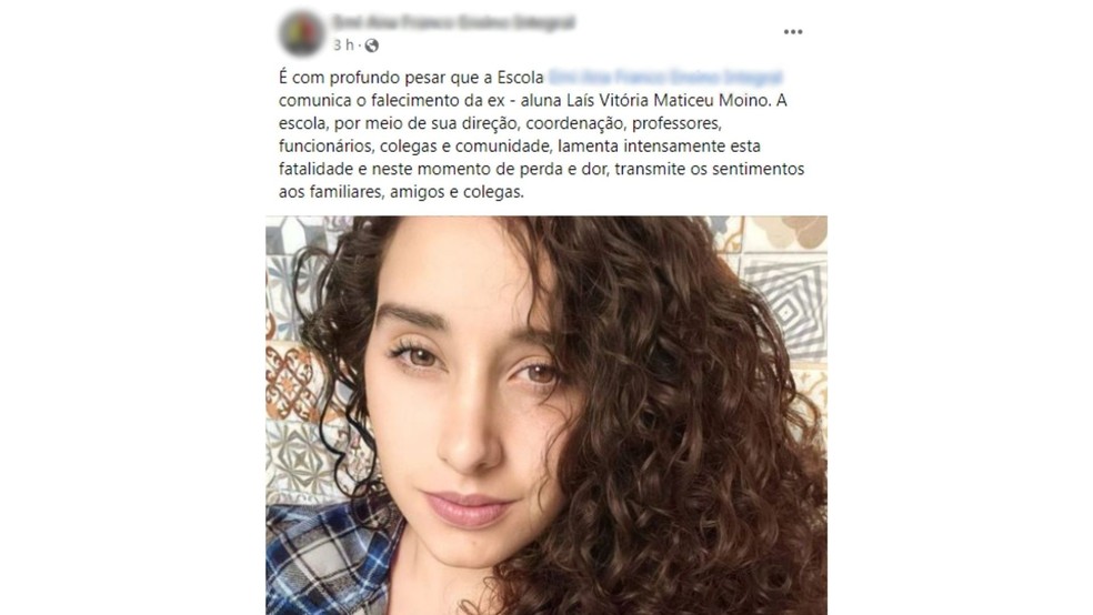 Escola onde Laís Vitória Maticeu Moina estudou postou nota de pesar sobre o falecimento da ex-aluna — Foto: Facebook /Reprodução