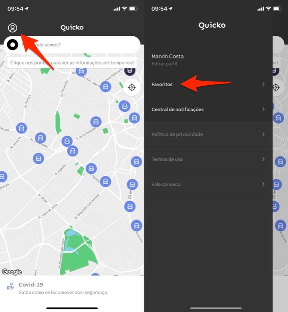 Ação para acessar a página de favoritos no aplicativo Quicko — Foto: Reprodução/Marvin Costa