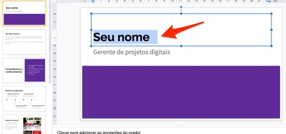 Ação para editar trechos de textos em um modelo de perfil profissional criado no Google Forms — Foto: Reprodução/Marvin Costa