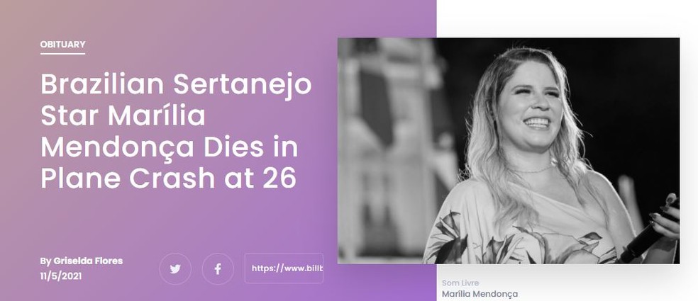 Texto da Billboard, uma das principais publicações musicais do mundo, comunica a morte de Marília Mendonça — Foto: Reprodução