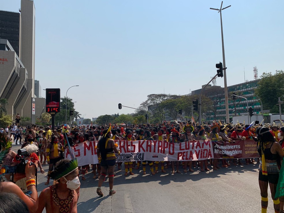 Mulheres indígenas marcham em Brasíli — Foto: Brenda Ortiz/G1