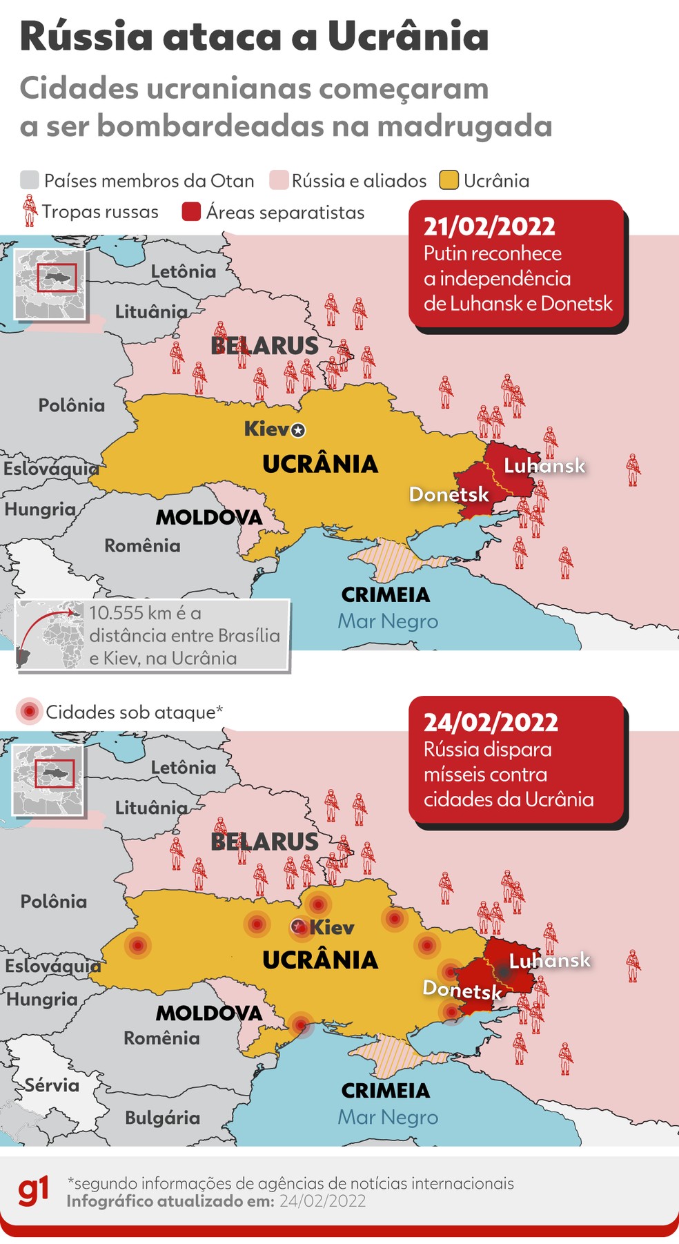Mapa mostra locais da Ucrânia que foram bombardeados em primeiro ataque feito pela Rússia — Foto: Arte g1