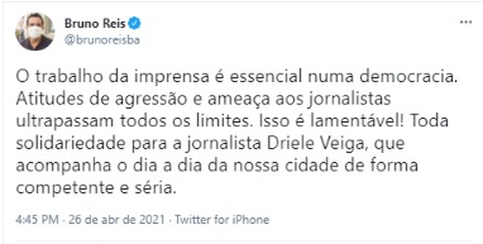 O prefeito de Salvador, Bruno Reis, se manifestou nas redes sociais. — Foto: Reprodução / TV Bahia