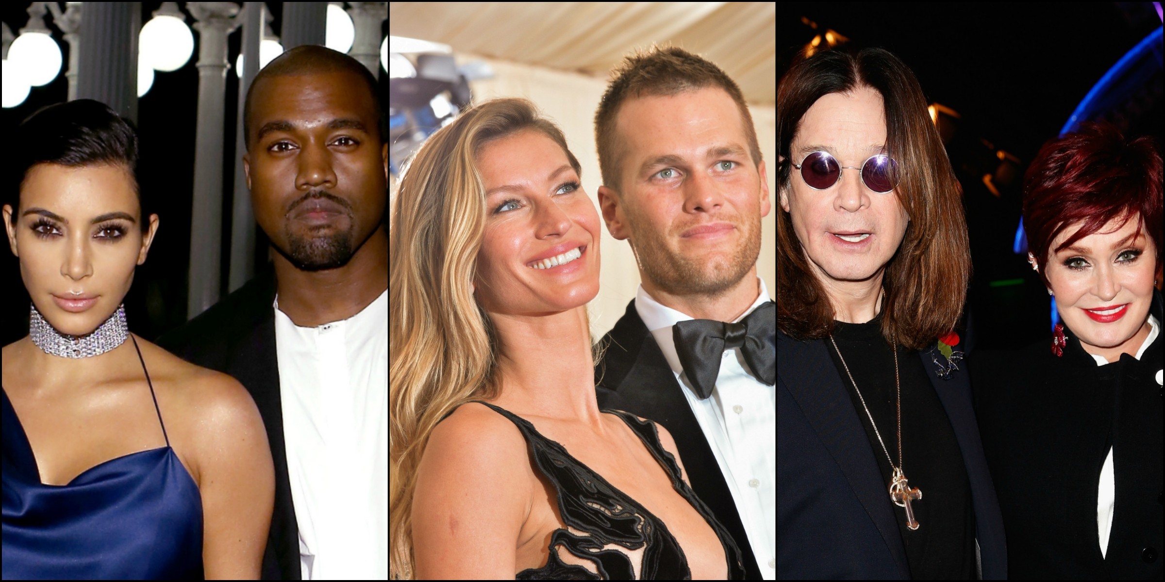 Kim Kardashian com Kanye West (à esq.), Gisele Bündchen com Tom Brady (centro), e Ozzy com Sharon Osbourne. (Foto: Getty Images)