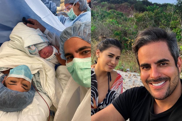 À esquerda, momento do parto da segunda filha do casal, Zaya; à direita, Simone Mendes e Kaká Diniz posam juntos (Foto: Reprodução/Instagram)
